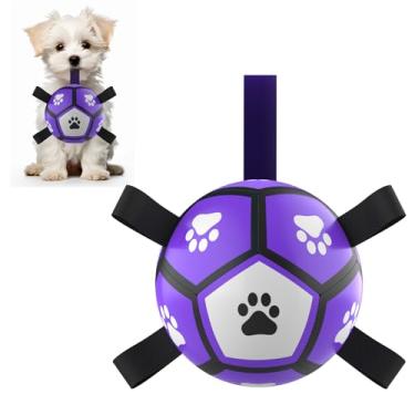 Imagem de QDAN Brinquedos para cães Bolas de futebol: brinquedos interativos para cães para cabo de guerra, bolas caninas com tiras, presentes de aniversário para filhotes, bola durável para filhotes pequenos