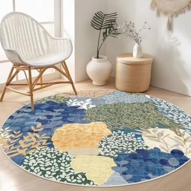 Imagem de DEXDE Tapete redondo 1,2 m lavável tapete circular antiderrapante de pelo baixo boho floral pequeno tapete circular para quarto, banheiro, entrada, quarto de crianças, escritório, sala de jantar, azul
