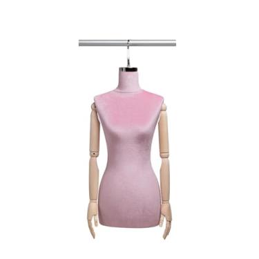 Imagem de Mannequin Manequim pendurado com torso de tecido de veludo, braço ajustável de madeira maciça, usado para vitrine de loja de roupas, exposição de loja(Pink,Silver short hook)