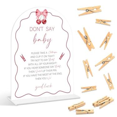 Imagem de Baby Shower Games - Cherry Don't Say Baby Clothespin Game, 1 placa e 50 mini prendedores de roupa, jogo de revelação de gênero, suprimentos de decoração de chá de bebê cereja (ARI06)