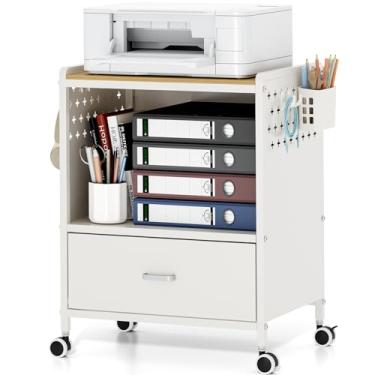 Imagem de TOOLF Armário de arquivo móvel de 1 gaveta com rodas, suporte de impressora de painel de madeira MDF com prateleiras ajustáveis, 2 compartimentos de armazenamento e 4 ganchos, organização de