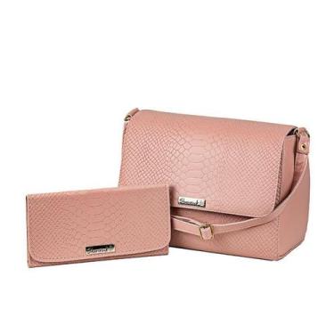 Imagem de Bolsa Feminina Croco Baú Texturizado com Alça Lateral + Carteira Rosa 