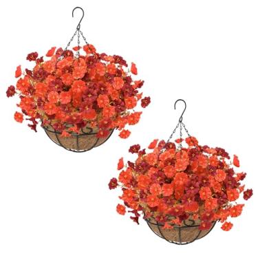 Imagem de Ruidazon 2 conjuntos de cestas artificiais de flores para decoração de outono ao ar livre, 24 peças de petúnias falsas de glória matinal resistente a UV com 2 vasos pendurados para decoração de
