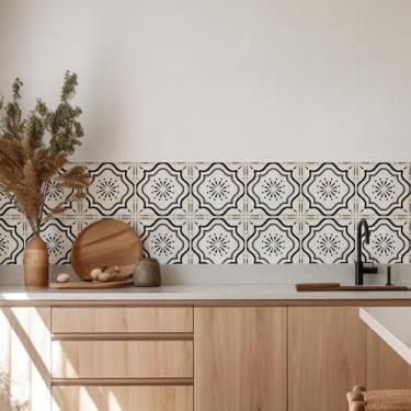 Imagem de Decalques de azulejo marroquino de 30 unidades de 10 cm – Adesivos autoadesivos de parede de vinil, à prova d'água para cozinha Backsplash, banheiro, piso de escada, bronzeado neutro/preto (marrom)