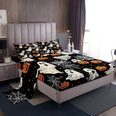 Imagem de Jogo de lençol casal de Halloween para meninas, meninos, crianças, fantasma fofo, 4 peças, com bolsos profundos, decoração de quarto, teia de aranha, roupa de cama clássica, microfibra macia, preto