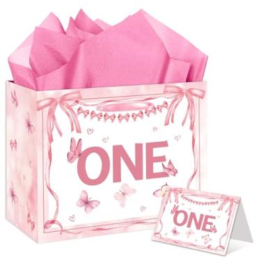 Imagem de Bolsa grande de presente de aniversário de um ano para meninas, suprimentos de festa de chá de bebê com cartão de felicitações e papel de seda, linda bolsa de lembrancinhas de laço rosa para