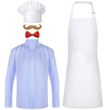 Imagem de SATINIOR 5 peças fantasia de chef de Halloween chapéu de chef avental azul listrado camisa gravata borboleta barba falsa para festa de cosplay de Halloween (GG)