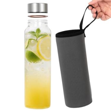 Imagem de AuroTrends Garrafa de água de vidro borossilicato de 946 ml com manga, garrafa de água de vidro de 1 litro, à prova de vazamento e resistente a choques térmicos, ideal para academia/escritório/viagem