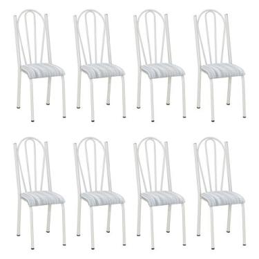 Imagem de Kit 8 Cadeiras de Cozinha Alasca Estampado Linho Pés de Ferro Branco -