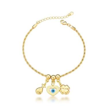 Imagem de Pulseira Cordão Baiano com Olho Grego e Trevo Banhado a Ouro 18k - Atr