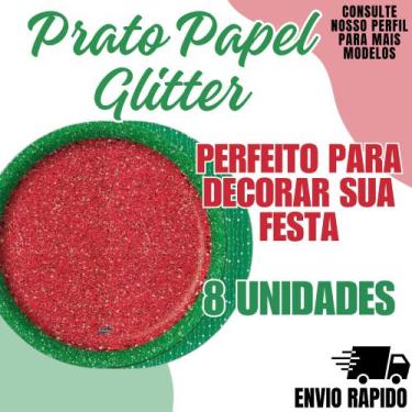 Imagem de Prato Papel Glitter Vermelho C Verde Descartavel Festa - Crgfestas