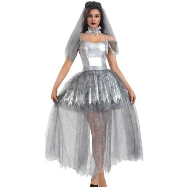 Imagem de EHSUYAB Fantasia feminina de Halloween de noiva cadáver, fantasia assustadora de zumbi morto, vestido de fantasma, cosplay, cinza, grande