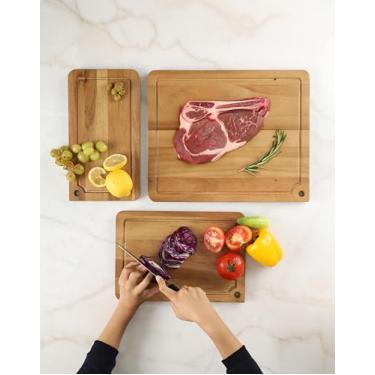 Imagem de Sango Conjunto de 3 tábuas de corte de madeira de acácia Atelier com borda reta e alças confortáveis - Tábuas de cortar cozinha reversíveis e duráveis para carne, legumes e aperitivos para servir