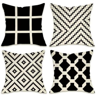 Imagem de Fahrendom Capas de almofada decorativas geométricas modernas, 45,7 x 45,7 cm, conjunto com 4, preto e branco, xadrez, varanda e pátio, capa de almofada abstrata minimalista para sofá de fazenda
