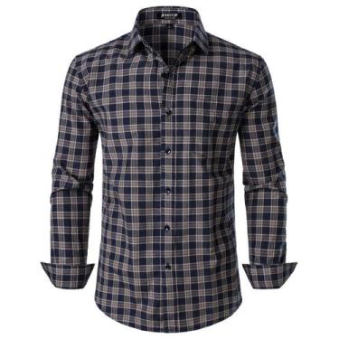 Imagem de Camisa masculina JEMITOP de manga comprida, justa, xadrez, azul marinh