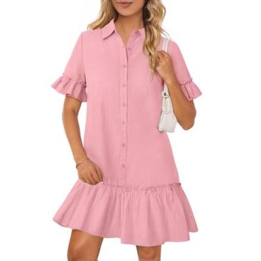 Imagem de Camiseta MEROKEETY Summer Button Down Ruffle Fúcsia para mulher
