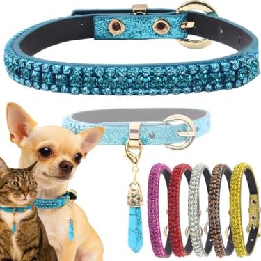 Imagem de PEARLY JUN Coleiras de strass para cães pequenos e gatos, XXS Blue Bling Diamond Cat Collar Cute Luxury Crystal Pet Puppy