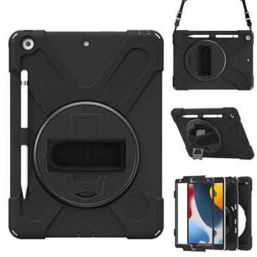 Imagem de Capa para iPad 9ª/8ª/7ª geração (2021/2020/2019) 10,2 polegadas, capa protetora portátil à prova de quedas com suporte giratório 360, alça e alça de ombro, caneta Stylus (nova preta)