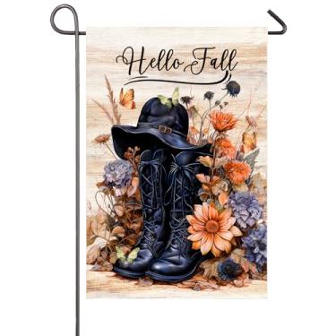 Imagem de Hello Fall Boots Bandeira de jardim 30 x 45 cm flores de outono frente e verso preto chapéu de cowboy botas bandeiras de quintal para decoração externa de casa de fazenda decoração de gramado varanda