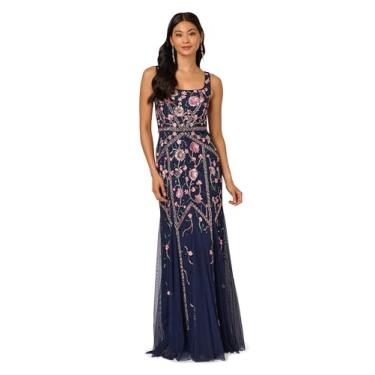 Imagem de Adrianna Papell Vestido longo feminino com miçangas, Azul-marinho/Rosa Multi, 48
