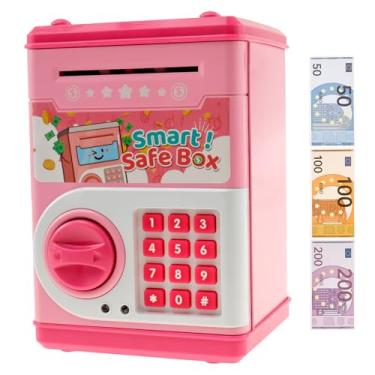 Imagem de Cofrinho infantil, linda caixa de economia de dinheiro infantil com código de senha e cédula de brinquedo, código eletrônico, cofrinho, dinheiro, moeda, lata, rolagem automática, caixa de economia de