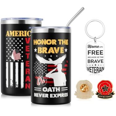 Imagem de Patelai Conjunto de presente para veteranos, veterano militar, copo de viagem de 590 ml, chaveiro de metal para cães, broche, broche, para homens veteranos do exército dos EUA