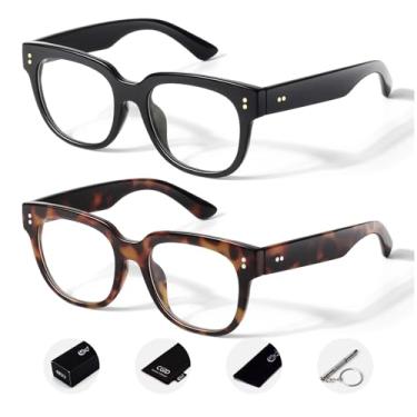 Imagem de CGID Óculos postiços grandes com lentes transparentes femininas e masculinas, 100% de proteção UV400, armação quadrada grossa e moderna, Tartaruga preta e âmbar brilhante, Large