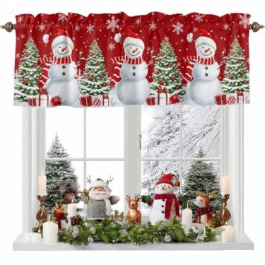 Imagem de Cortina vermelha de boneco de neve de Natal para janelas, floco de neve de inverno, saia de árvore de Natal, bolso para varão, tratamentos de janela, cortinas curtas para cozinha, sala de estar