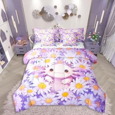 Imagem de Erosebridal Jogo de cama de casal Axolotl com estampa de margarida roxa de 7 peças, para crianças, adolescentes e adolescentes, lençol com lençol costeiro, oceano, animal