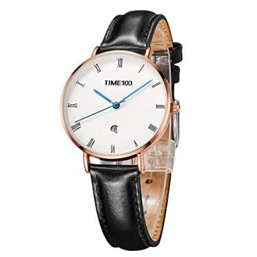 Imagem de TIME100 Relógio feminino Easy Reader Analógico Quartzo 30 mm Pulseira de Couro com Data Relógios de Pulso Femininos Impermeável Preto, Preto, Simples e elegante para uso diário