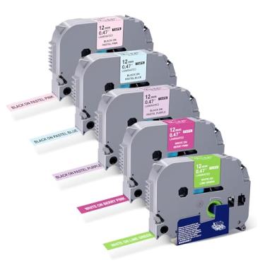 Imagem de Pacote com 5 fitas de substituição compatíveis para Brother P Touch TZe TZ Fita laminada 12 mm 0,35" TZe-MQG35 MQP35 MQF31 MQ531 MQE31 Berry Pink/Green/Roxo/Azul/Rosa para PTD210 PTH110 PTD600 PTD400