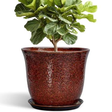 Imagem de SUNPOTFOR Vasos de cerâmica para plantas – Vaso de plantas de 30 cm para ambientes internos e externos, vaso redondo com orifício de drenagem e pires, vasos decorativos grandes, vaso de flores moderno
