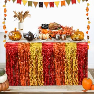 Imagem de YQUQWN 2 peças de saias de mesa metálicas com franjas de folha de alumínio para decoração de Ação de Graças, decoração de mesa, vermelho, laranja, ouro, colheita de outono, artigos de festa