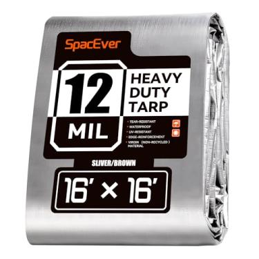 Imagem de Spacever Lona resistente de 40 x 40 m, lona grande de 12 mm de espessura à prova d'água com ilhós, resistente a UV e rasgos, capa de plástico para barraca de piscina lenha, prata e marrom