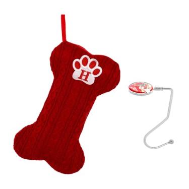 Imagem de Ulico Meia de cachorro com iniciais, meia de Natal de osso com letras, monograma bordado de malha grande meia de Natal para cães e gatos, meias de Natal para animais de estimação vermelho H