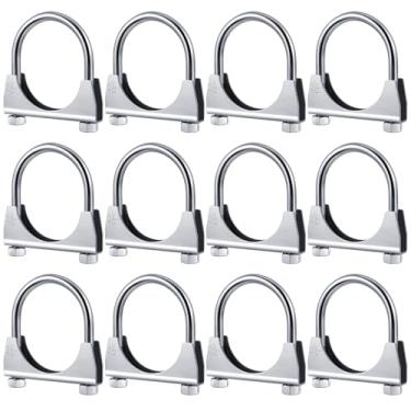 Imagem de Datanly 12 peças braçadeira de exaustão de 2-1/5.1 cm braçadeira de escape de parafuso em U resistente - design de sela, conector de tubo de silenciador, clipe de gancho de ponta, ferro galvanizado