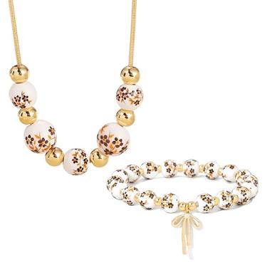 Imagem de WCRAZYE Conjunto de colar e brincos de laço de cerâmica dourada para mulheres flor vintage azul e branco porcelana esmalte fita brinco joia romântica, Medium, Liga de aço, Sem Pedra Preciosa