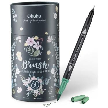 Imagem de Conjunto de Canetas Artisticas 60 Cores com Pontas Duplas, Pincel Fino à Base de Água para Crianças e Adultos, Ohuhu, Preta