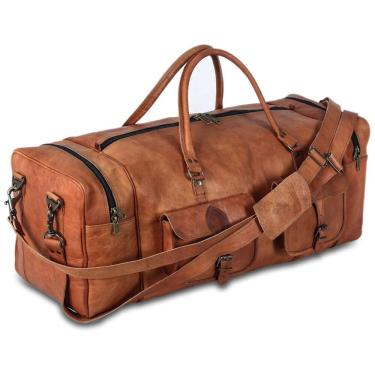 Imagem de KPL Bolsa de Viagem Masculina Clássica de Couro, KOMALS PASSION LEATHER, Marrom Claro
