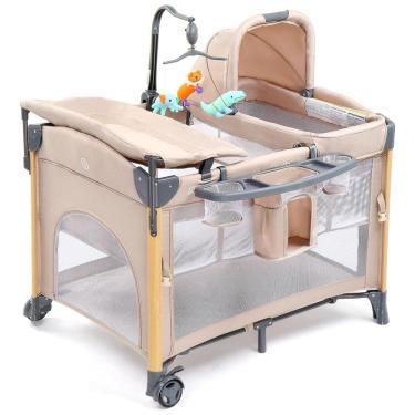 Imagem de Berço Cercado Portátil com Trocador, Colchão, Lençol, Dossel, Prateleira e Brinquedo Suspenso, JOYMOR, Bege