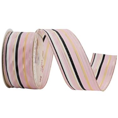 Imagem de MEEDEE Fita listrada rosa de 6,3 cm com 25 metros de listras pastel em rosa, branco, preto e ouro rosa fita metálica para grinaldas, laços, embrulho de presente, decoração de Natal, artesanato de