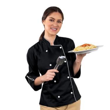 Imagem de Dólmã Feminina Para Chef De Cozinha Acinturada Preto Detalhes Branco U