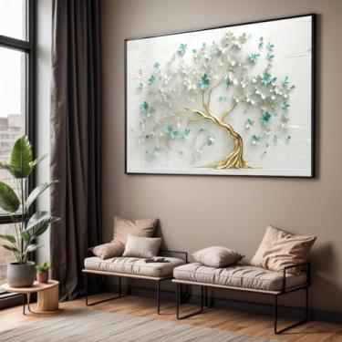 Imagem de Quadro com Moldura e Acrilico Cristal Vidro Sala Quarto Arvore Azul Verde Arte Decorativo Horizontal Grande Hall