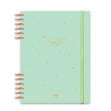 Imagem de Caderno Colegial Criativo Cadersil 1/8 Com Elástico e Wire-o Estampa Miss You Verde – 80 Folhas – Capa Dura com Hot Stamping Dourado – Miolo Pautado - Ideal para Anotações Criativas e do Dia a Dia