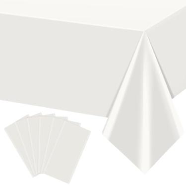 Imagem de YIDAKO 6 peças de toalha de mesa retangular branca de 137 x 272 cm, toalha de mesa de plástico descartável, capa de mesa branca à prova d'água para formatura, aniversários, casamentos, festas de