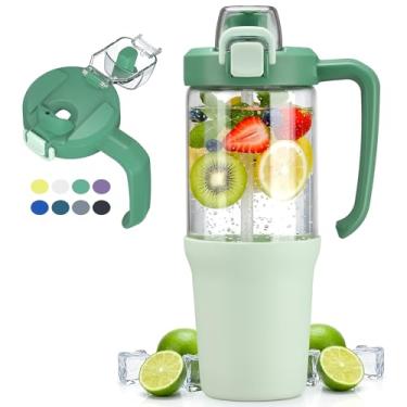 Imagem de HYDRAGLAZIC Copo de vidro de 940 ml com alça, canudo 2 em 1 e bico de gole, à prova de vazamento, garrafa de água de vidro sem BPA para esportes, escritório, escola, verde claro