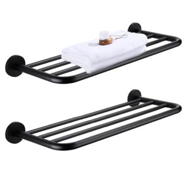 Imagem de Toalheiro de 76 cm com suporte de barra de toalha, prateleira de toalha de aço inoxidável de 2 camadas para banheiro e lavatório montado na parede (preto)