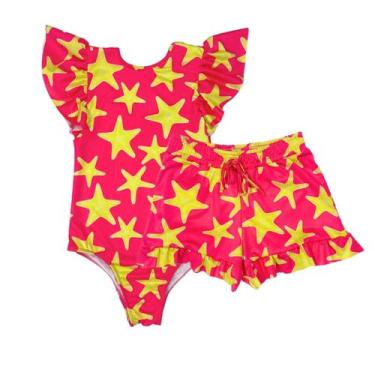 Imagem de Kit Maiô E Shorts Infantil Menina Proteção Uv Praia Piscina - Fofotinh
