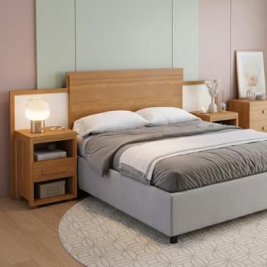 Imagem de Cabeceira Moderna com Criados Laterais e Nichos para Cama Box Queen e Casal MDF Acabamento Sofisticado que Oferece Conforto e Organização (Nature/Off/Nature)