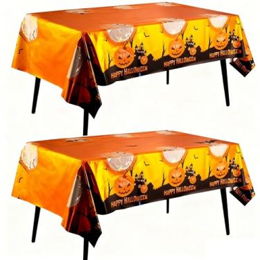 Imagem de CPCOIN Toalha de mesa laranja pacote com 2 toalhas de mesa Happy Halloween Pumpkin Castle para festa, impermeável, retangular, decoração de pano de fundo, faixa laranja 137 x 183 cm